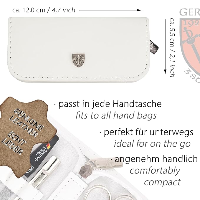 3 Swords Germany - brand quality 5 piece manicure pedicure grooming kit set for professional finger & toe nail care scissors clipper genuine leather white case in gift box, Made in Germany