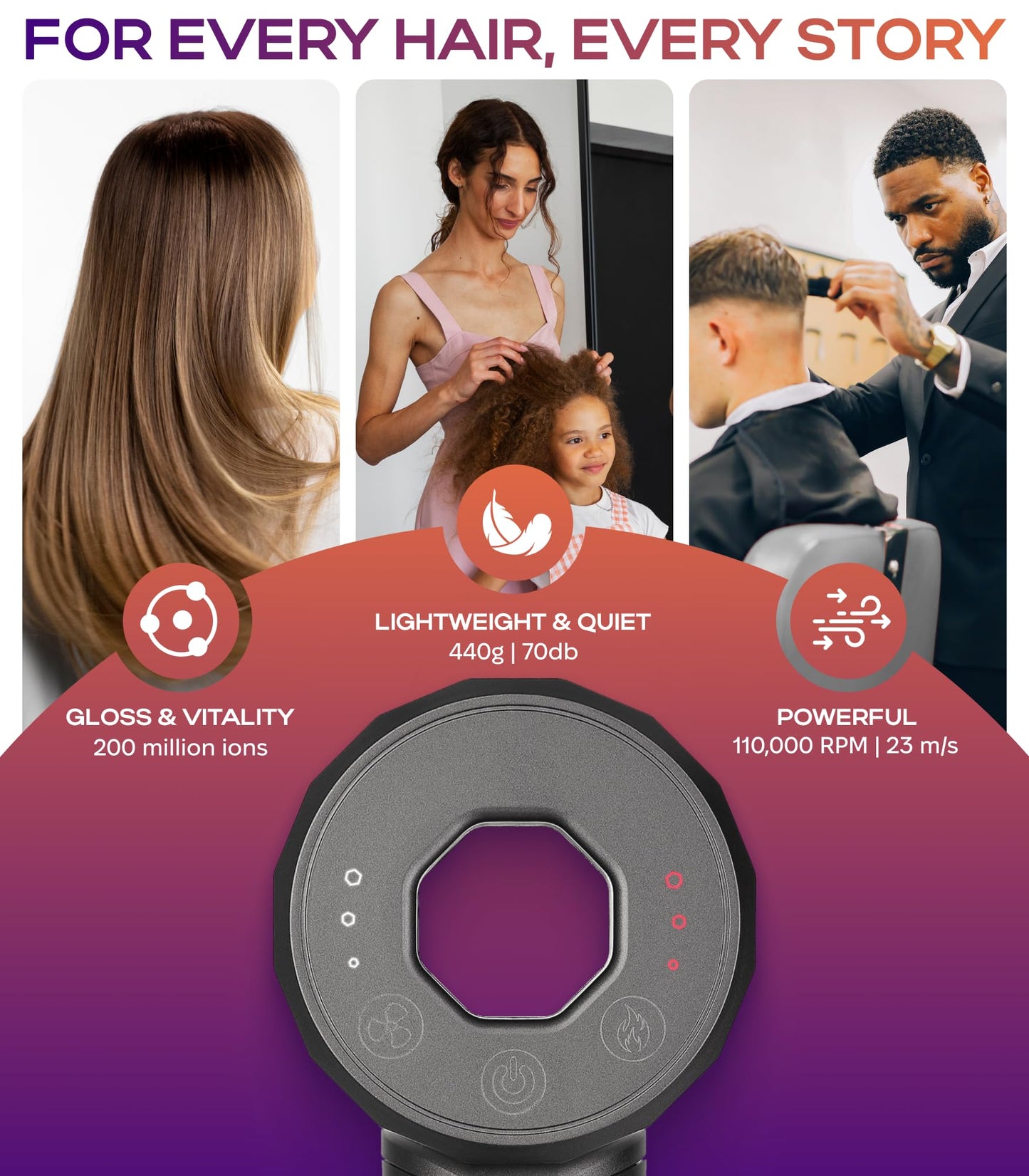 BIZOND Ionic Hair Dryer Premium Quality, High-Speed Professional Brushless Motor 110,000 RPM, 1600W Power, 9 ft Long Cord and Magnetic Nozzle, Lightweight Blow Dryer, Ultra Quiet Fast Drying (Gray)