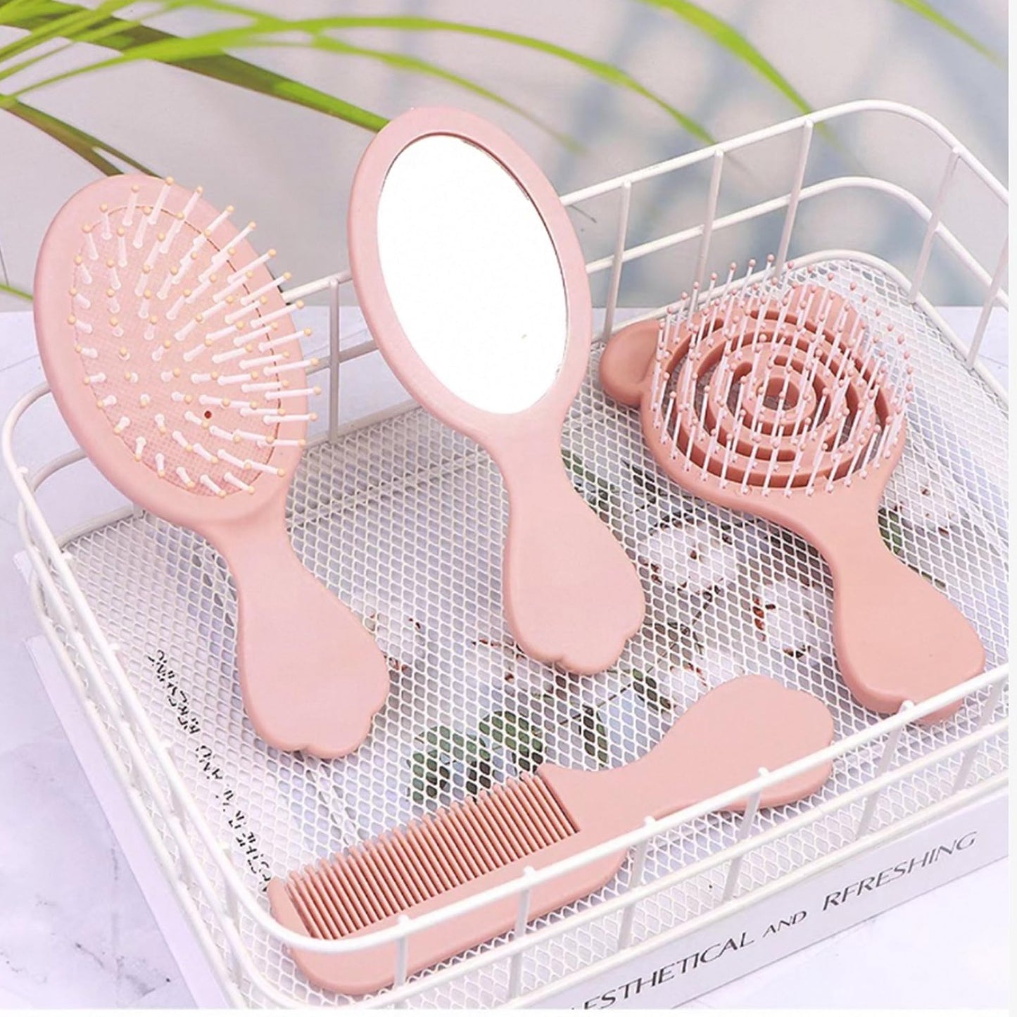 4 Pieces Mini Hair Brush Hair Comb Set For Women Girls Kids Toddler Small Travel Hair Combs Brushes Handheld Mirror Set Detangling Comb Massage HairBrush with Air Cushion (Pink)