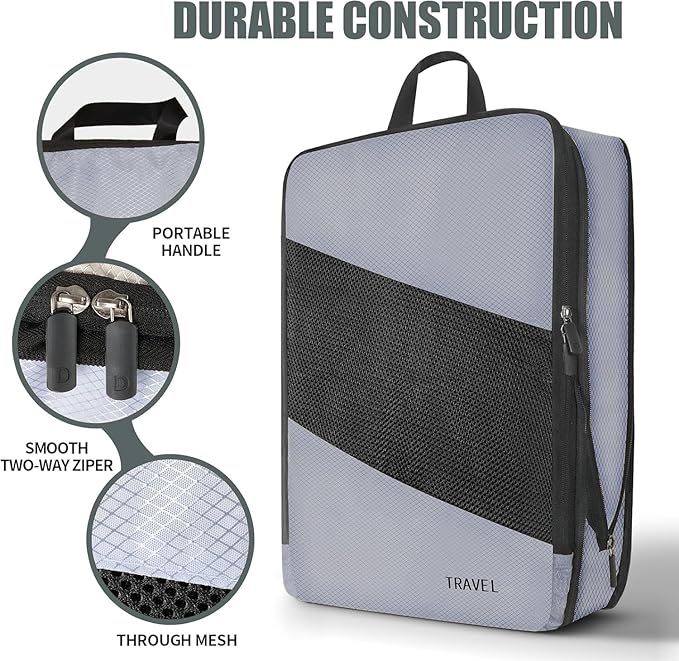 Compression Packing Cubes for Travel, Space Saving Vacation Travel Essentials, Accessories for Suitcase Organizer Bags Set, Durable Luggage Organizer Bags (grey)