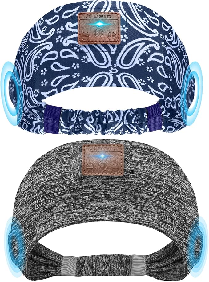 2-Pack Sleeping Headphones, Headband Headphones with Ultra-Thin HD Stereo Speaker, Bluetooth Headband for Sports, Workouts, Insomnia, Yoga, Air Travel, Meditation - Pattern Blue&Grey