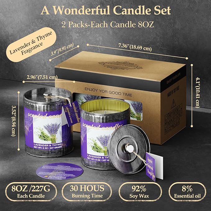 Lavender & Thyme Scented Candles Set | 2-Pack 454g 60H Burn Time,Smokeless Pure Soy Wax | Aromatherapy Tin Jar Candles for Stress Relief & Sleep Aid | Beautiful Gifts for Men and Women/Fathar's Day