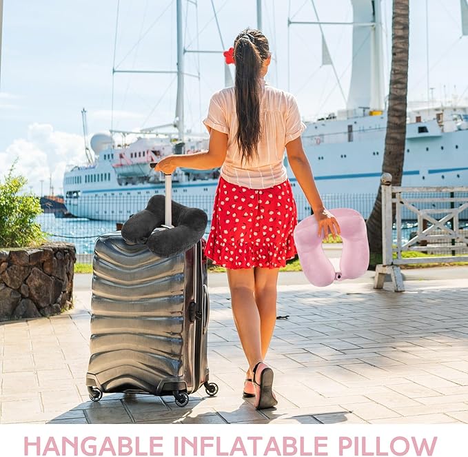 Sintuff 2 Pack Inflatable Travel Pillow for Airplanes Inflatable Neck Flight Pillows with Compact Bag and Blindfold for Traveling, Airplane, Train, Car, Office(Dark Gray and Light Pink)