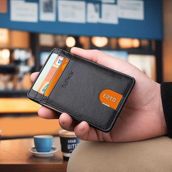 Buffway Mens Slim Wallet, Minimalist Thin Front Pocket Leather Credit Card Holder with RFID Blocking for Work Travel