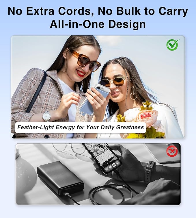 Auskang Portable Charger for iPhone with Built in Lightning Cable- 5000mAh Slim Power Bank Compatible with iPhone 14/13/12/11/X/8/7 Series (Not for iPhone 15 Series)- Thin Battery Pack for Travel