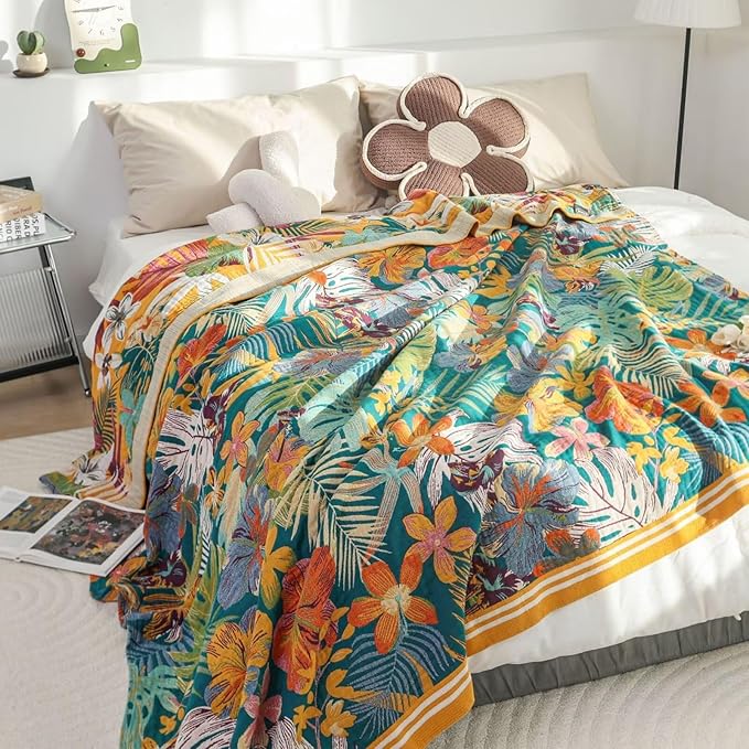 Boho Throw Blanket for Bed, 100% Cotton Floral Printed Farmhouse Decor, Cozy Warm Winter Blankets Bohemian Quilt, Ultra Soft Breathable Muslin Blankets for Adults, 80''x90''