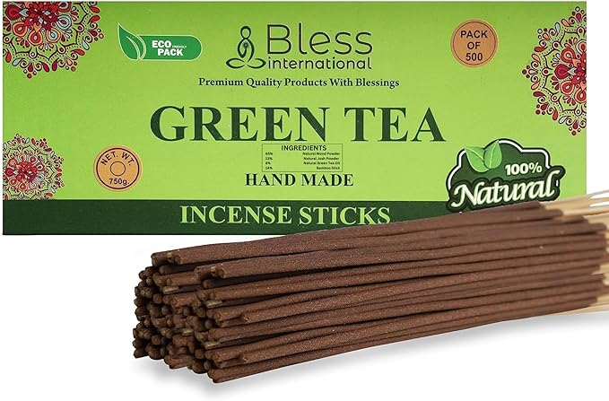 Bless-Green-Tea-Incense-Sticks 100%-Natural-Handmade-Hand-Dipped-Incense-Sticks Organic-Chemicals-Charcoal-Free Purification-Relaxation-Positivity-Yoga-Meditation Best-Woods-Scent (500 Sticks(26 OZ))