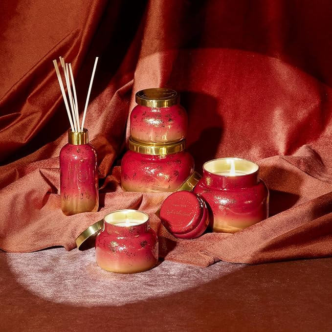Capri Blue Scented Candles - Glimmer Collection - Ombre Glass Candle Holder - Luxury Apple Candles for Women & Men - Signature Jar in Cranberry Red and Gold (Apple Cider Social, 19 oz)