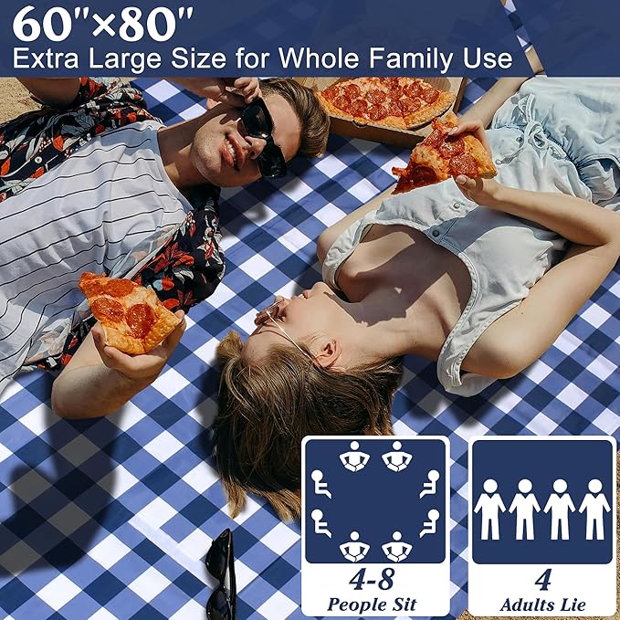 80"x60" Waterproof Sandproof Picnic Mat - Portable Foldable Outdoor Blanket for Beach, Park, Travel & Indoor Use - Lightweight Compact Design, Easy-Carry (Blue&White)