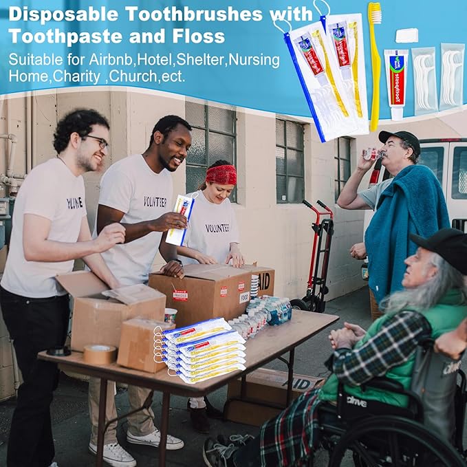 50 pcs Disposable Toothbrushes with Toothpaste and Floss Set,Yellow Individually Wrapped Bulk Single Use Toothbrush Floss Cover Travel Toothbrushes Kit with Zip Bag for Homeless,Hotel,Guest