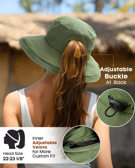 Sun Hats for Women Gardening Hat Wide Brim Ponytail Beach Sun Protection Breathable Cotton Summer Hat with Fold-Up Brim Green