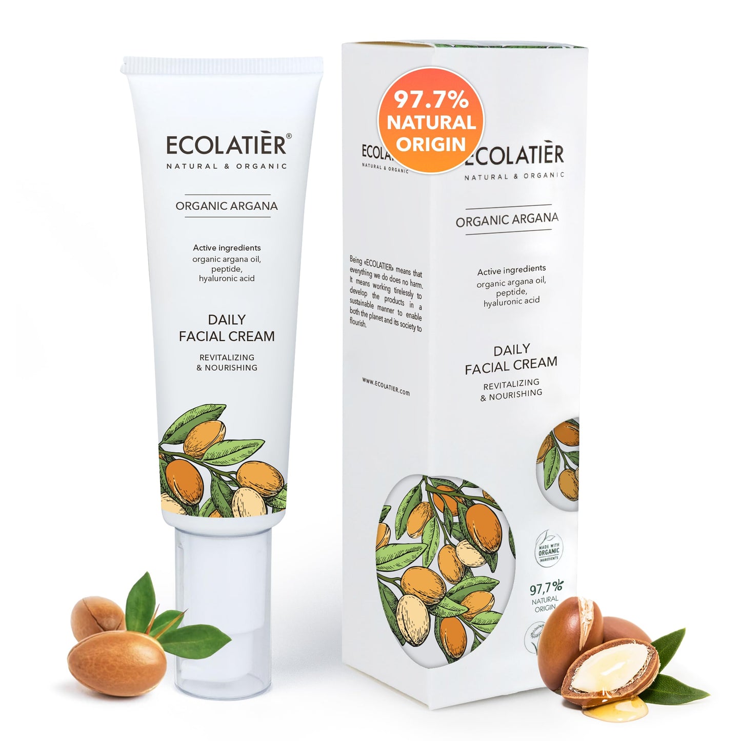 Daily Face Cream with Organic Argan Oil – Revitalizing & Nourishing, Moisturizer with Hyaluronic Acid & Vitamin E, Vegan, 97.2% Natural Ingredients, 1.7 Fl Oz - ECOLATIER