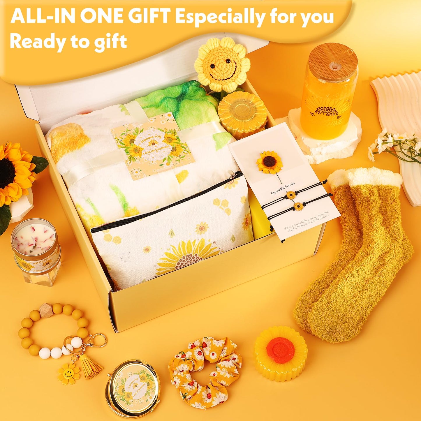 Sunflower Gifts for Women, Get Well Soon Gift Basket for Women,15pc Care Package Feel Better Gift, Surgery Wellness Kit, Thinking of You Sunshine Birthday Box for Her Mom Friend Coworkers Teacher Wife