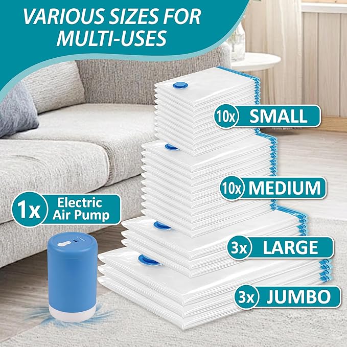 Cozy Essential 26 Pack Vacuum Storage Bags with Portable Electric Pump, Vacuum Seal Space Saver Bags for Clothing, Pillows, Blanket, Bedding, Comforters