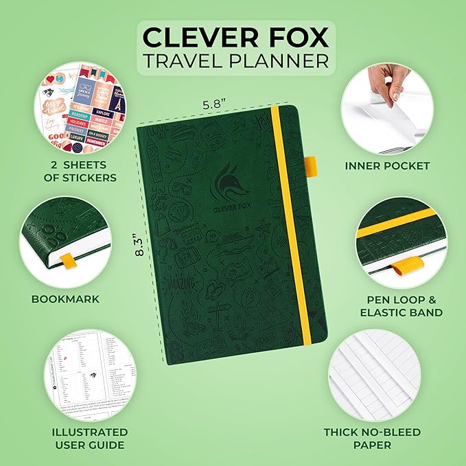 Clever Fox Travel Journal - Itinerary Travel Planner Organizer for Women, Men and Couples, Travel Log Journal, Lasts 5 Trips, A5 (Forest Green, A5 (5.8" x 8.3"))