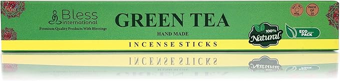 Bless-Green-Tea 100%-Natural-Handmade-Hand-Dipped-Incense-Sticks Organic-Chemicals-Charcoal-Free Purification-Relaxation-Positivity-Yoga-Meditation Best-Woods-Scent (25 Sticks (1.4 OZ))