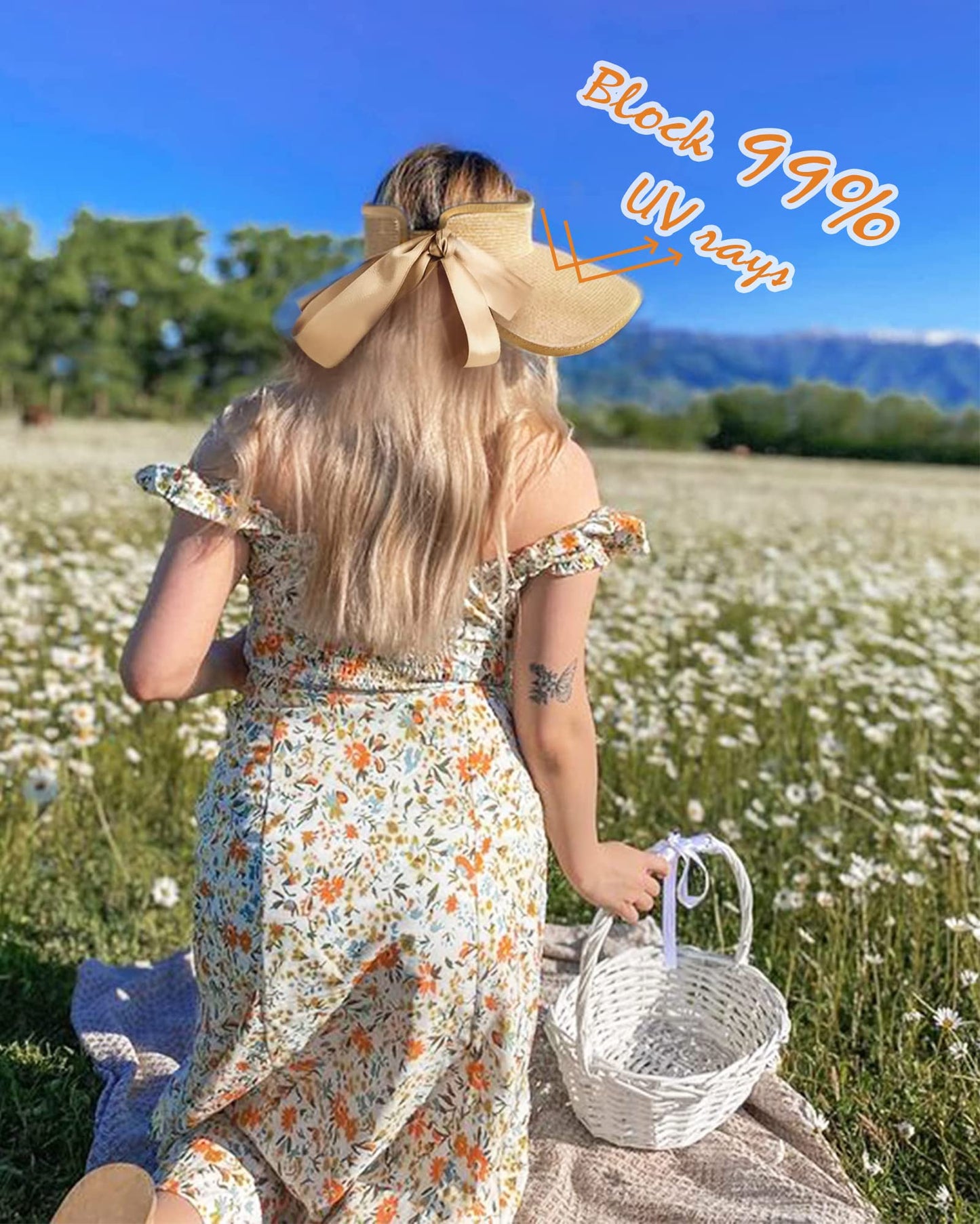 Camptrace Sun Visors for Women Wide Brim Beach Hat Foldable Straw Visor Hat Ponytail Summer Packable UPF 50+