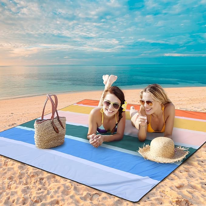 Beach Blanket Waterproof Sandproof Beach Mat 79" X 83"/10'x9'for 2-8 Adults Quick Drying Outdoor Picnic Mat Beach Accessories for Travel, Camping, Hiking
