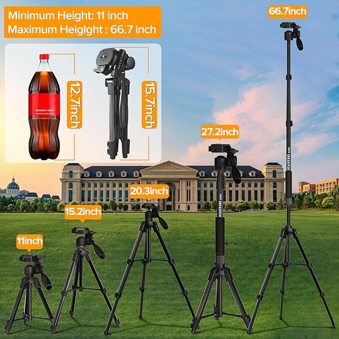 Camera Tripod 66.7 Inch, Patented 3-Way Rotating Portable Cameras Stand Professional Aluminum Travel Phone Camera Mount Monopod for Camera, Smartphone, Suitable for Various Live Vlogging