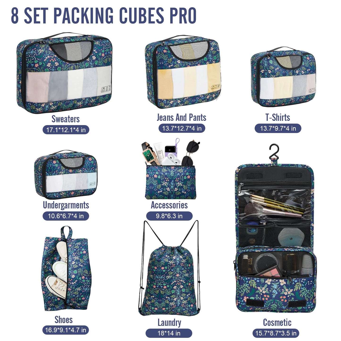 Veken 8 Set Packing Cubes for Travel Essentials, Suitcase Organizer Bags in 4 Sizes, Carry-On Luggage Accessories with Large Laundry & Hanging Toiletry Bag, Must-Have for Airplane, Road Trip & Camping