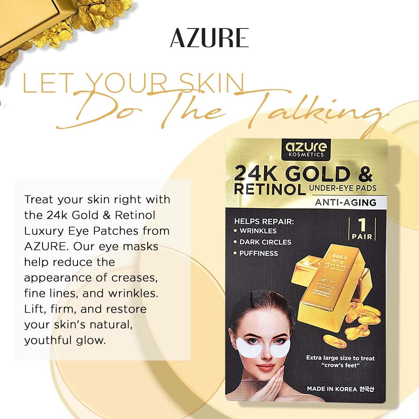 Azure Cosmetics 24K Gold & Retinol Anti Aging Under Eye Patches - Firming, Restoring & Deeply Hydrating Eye Mask - Reduces Fine Lines, Wrinkles, Dark Circles & Puffiness - Made in Korea, 5 Pairs