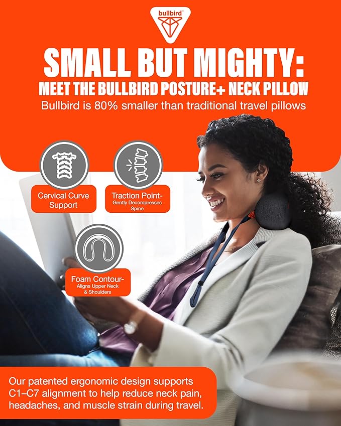 Bullbird Neck Pillow for Travel & Posture Support – Ergonomic Airplane Pillow with Neck Traction - Memory Foam Cervical Pillow with Spinal Alignment Support & Airline Seat Integration - Black