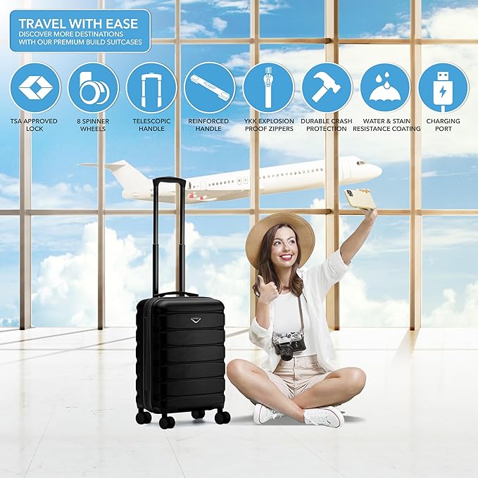 Carry On Suitcase Hardside TSA Lock & USB Port Silent Double Spinner Wheels Maximum Carry-On Bag For Canada Air Approved Airlines( 21.5x15.5x9" ,Black )