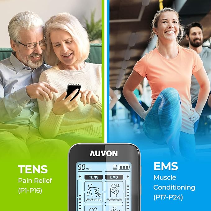 AUVON 4 Outputs TENS Unit EMS Muscle Stimulator Machine for Pain Relief Therapy with 24 Modes Electric Pulse Massager, 2" and 2"x4" Electrodes Pads, Black