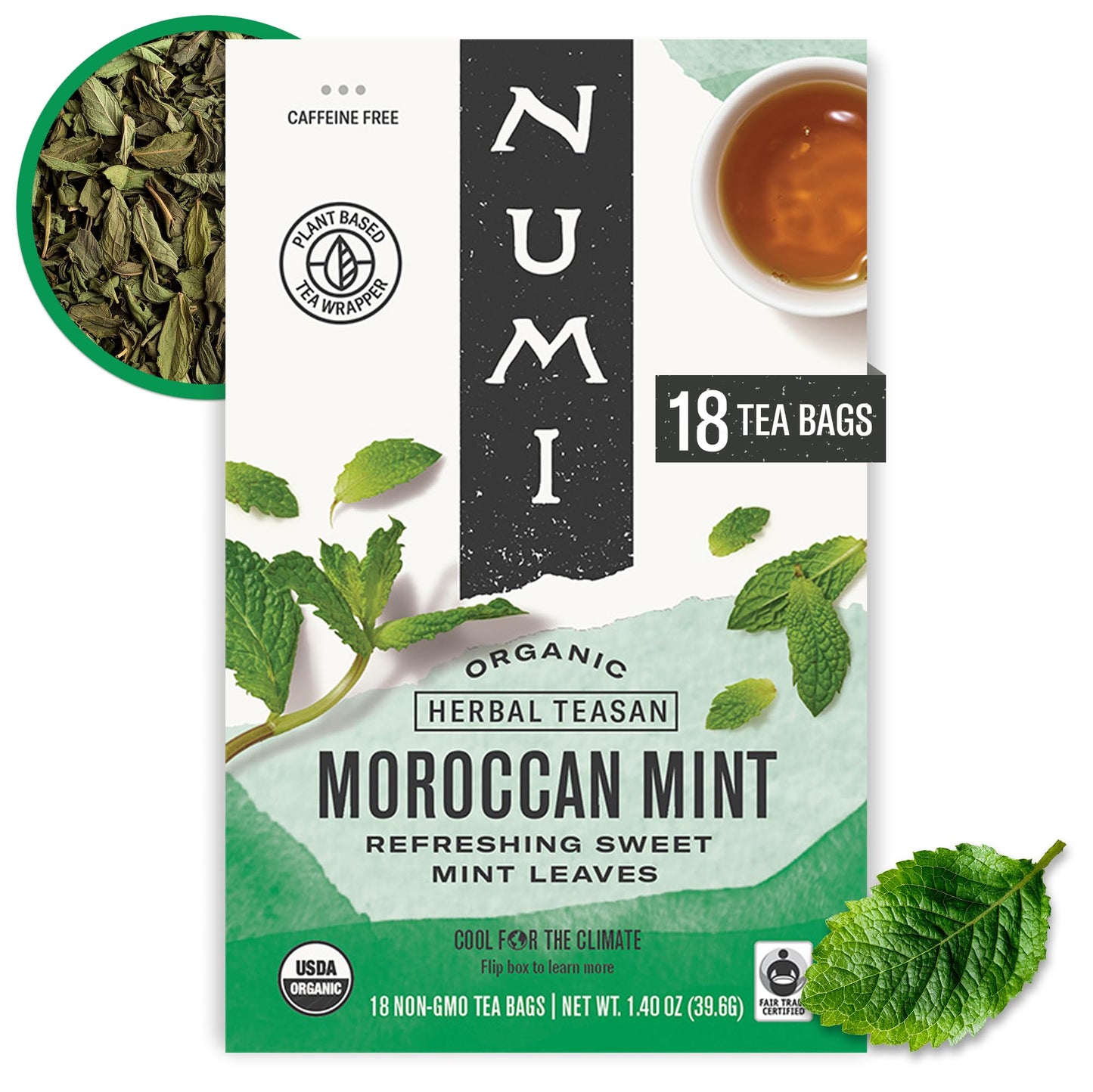 Numi Organic Tea Moroccan Mint, 18 Count Box of Tea Bags, Herbal Teasan