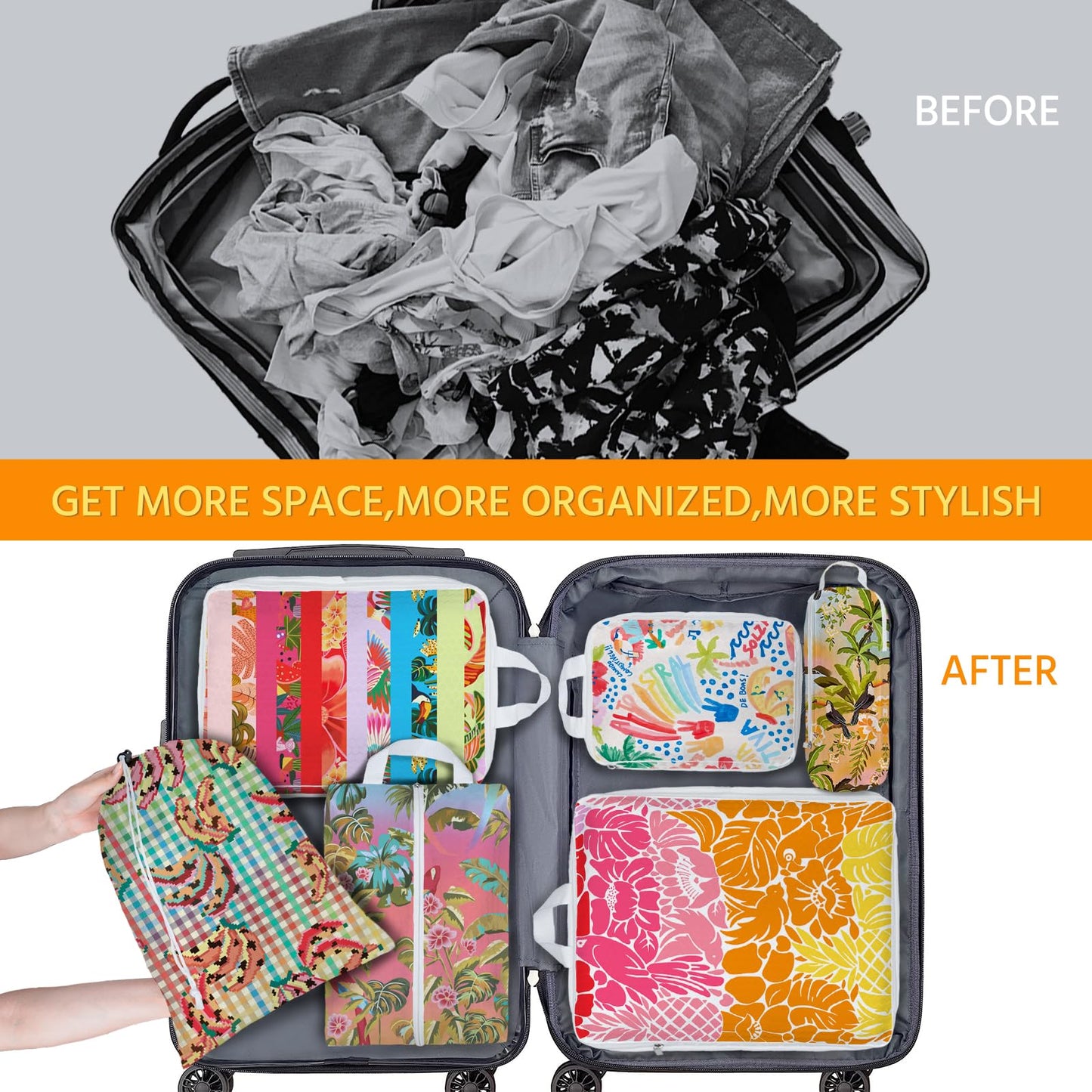 6 Pcs Compression Packing Cubes Waterproof Suitcase Travel Bag Luggage Backpack Organizer Travel Cubes for Packing-Tropical Banana