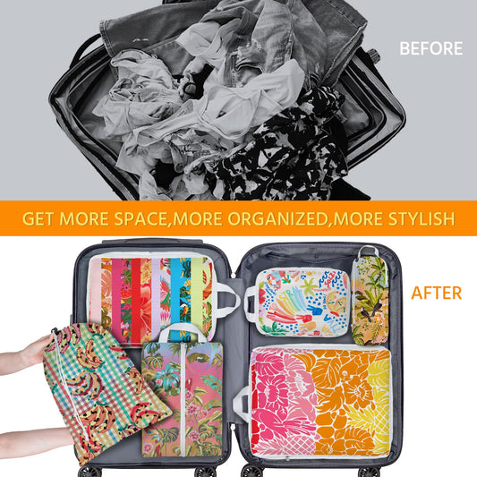 6 Pcs Compression Packing Cubes Waterproof Suitcase Travel Bag Luggage Backpack Organizer Travel Cubes for Packing-Tropical Banana