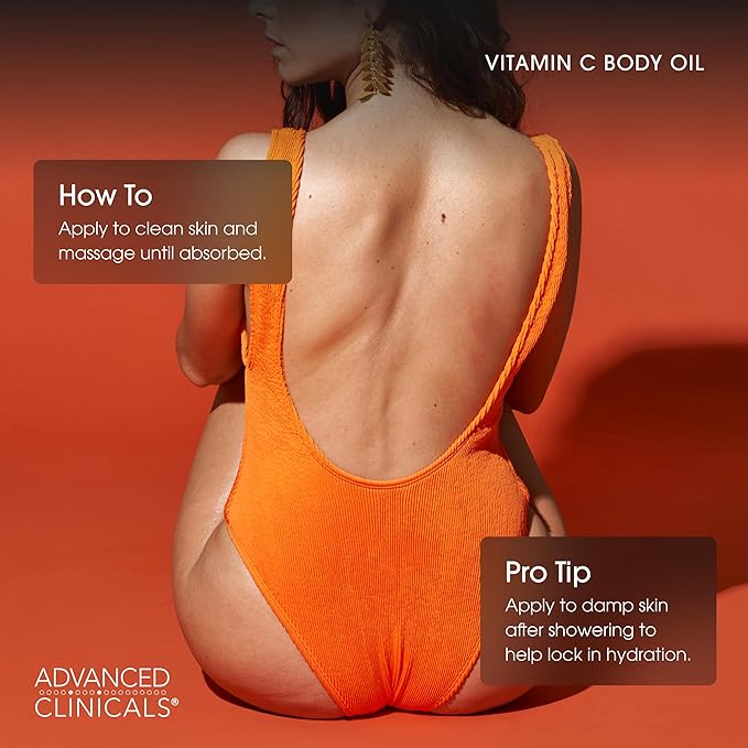 Advanced Clinicals Vitamin C Brightening Body Oil For Women & Men | Vitamin C Glow Oil Skin Care Body Moisturizer With Vitamin E + Botanicals To Help Improve Look Of Dark Spots + Dry Skin, 12 Fl Oz