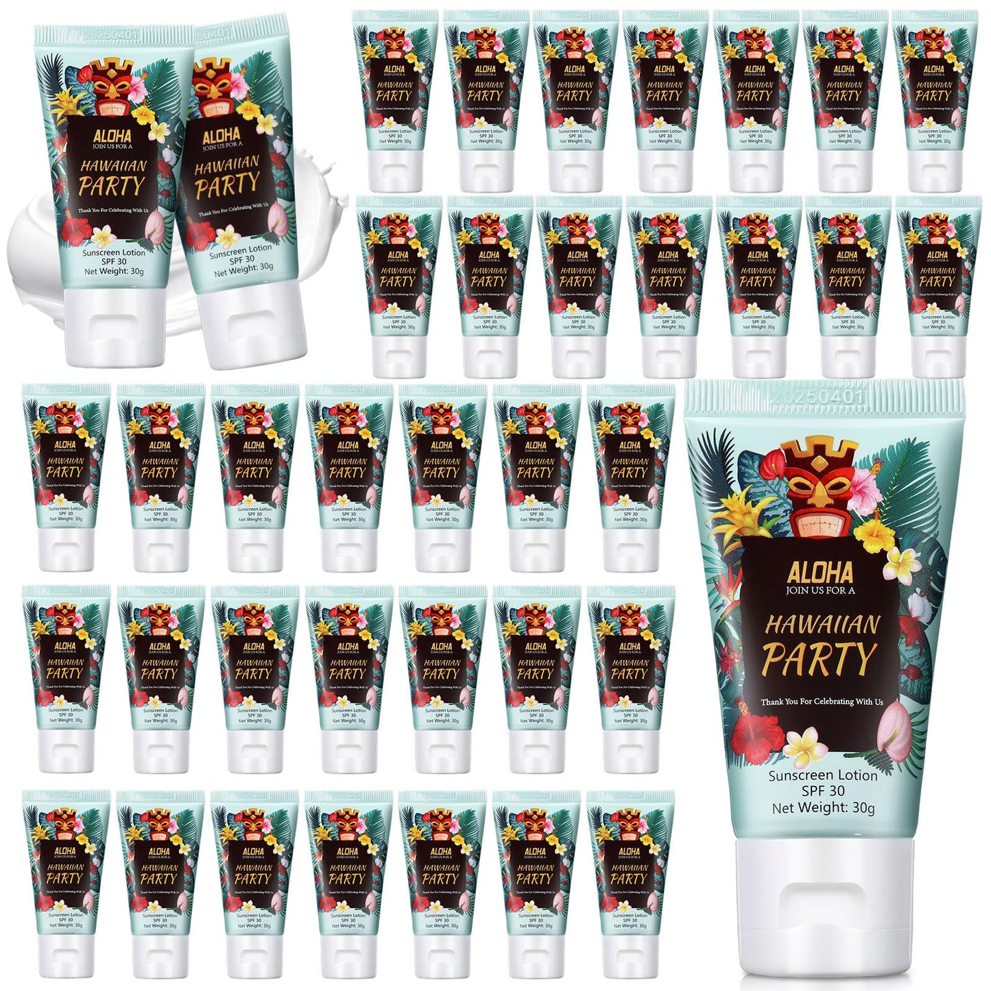Dansib 36 Pcs Mini Sunscreen Bulk for Hawaiian Party Spf 30 Water Resistant Sunscreen Lotion Bulk 1oz Travel Size for Summer Party Supplies
