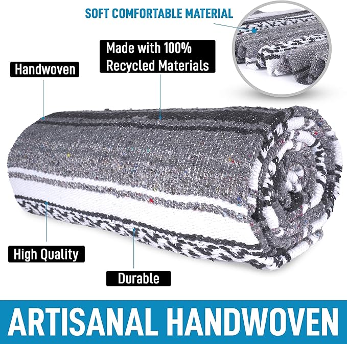 Authentic Extra Large Mexican Blanket - 70"x50" Handwoven Yoga, Serape, Artisanal Falsa, Beach, Camping, Picnic, Outdoor Blanket (Oxford)