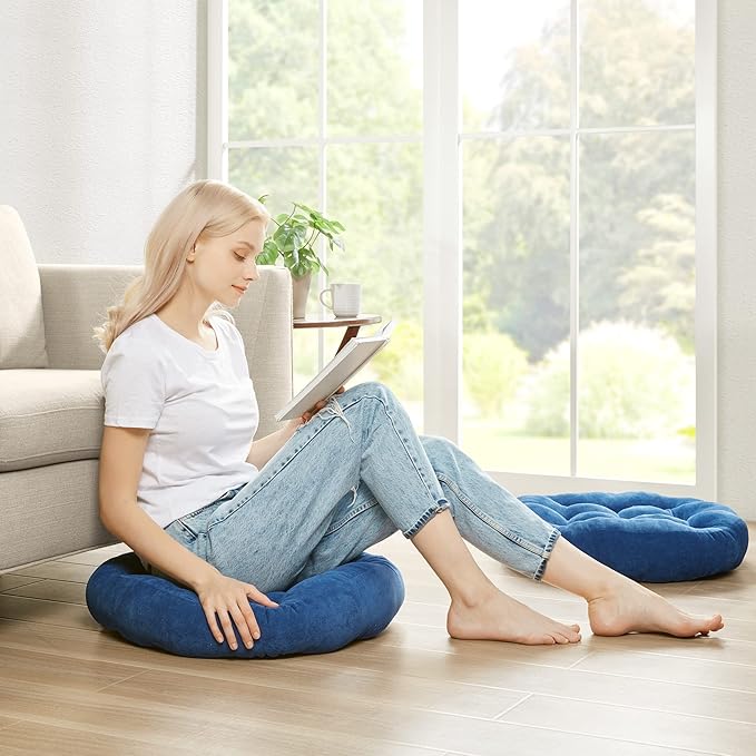 Degrees of Comfort Floor Cushion Pillow, Round Large Pillows Seating for Adults, Tufted Corduroy Floor Cushions for Living Room Tatami, Navy Blue, 22 Inch Single, 1 Count (Pack of 1)