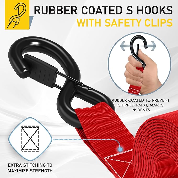 AUGO Heavy Duty Ratchet Straps & Soft Loops – Pack of 4 Extra Strong 1.5” by 15’ Ratchet Straps w/S-Hook Safety Latches & 4 Soft Loop Tie Downs – 4400Lb Break Strength for Motorcycles, ATVs, Etc.