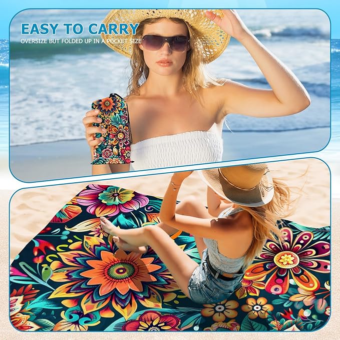 Beach Blanket Waterproof Sandproof, Bohemian Flowers Oversized Extra Large Beach Mat 83"×95"/8 × 7 FT for 1-7 Adults for Picnic Travel Hiking, Quick Drying Lightweight Camping Vacation Essentials