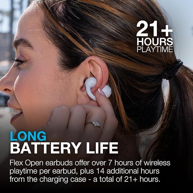 JLab Flex Open Earbuds, Clip-on Cuff Design, Wireless Open-Ear Audio Freedom Effortless Fit, Safe Listening, Bluetooth Multipoint, Customize with The App, Cloud White
