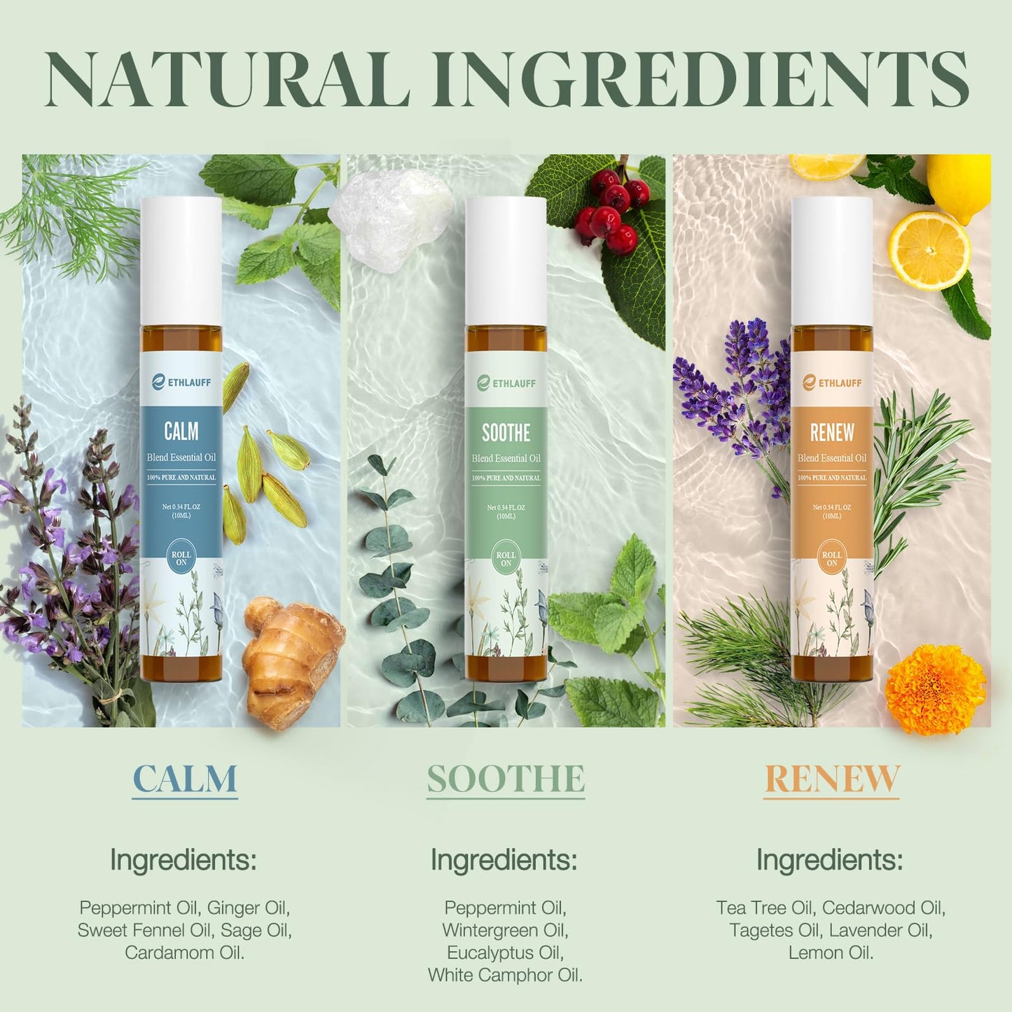 Ethlauff Essential Oil Roll On Set, (Calm,Renew,Dream,Head Relief), Aromatherapy Roll On Blends for Massage, Body Care & Home Use, Stress Relief Gift Men & Women