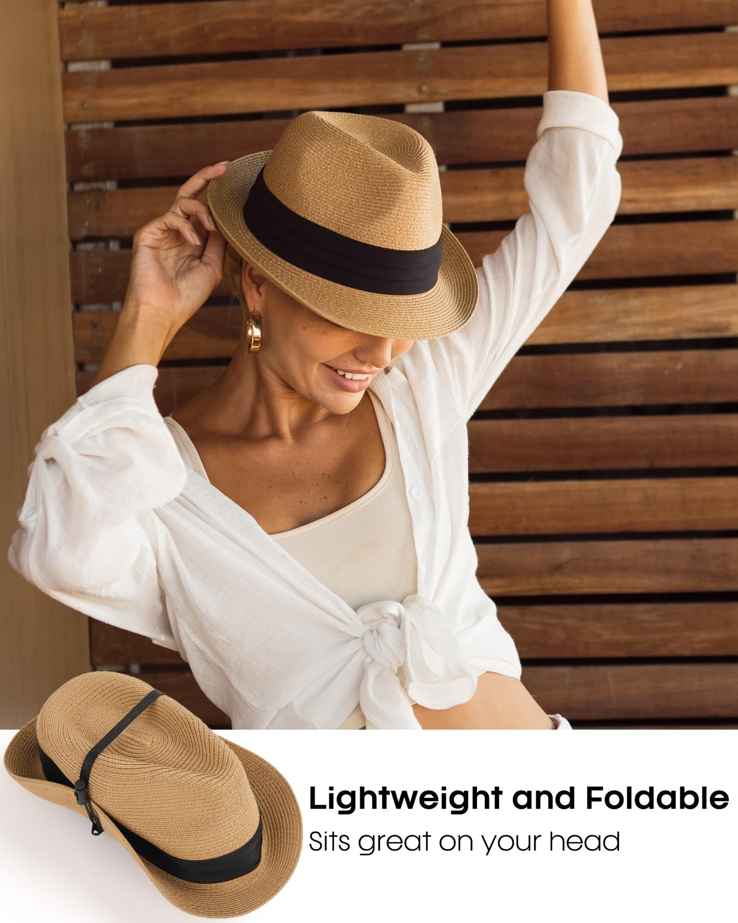 FURTALK Fedora Straw Sun Hat for Men Women Short Brim Panama Beach Hat UPF 80+ Khaki