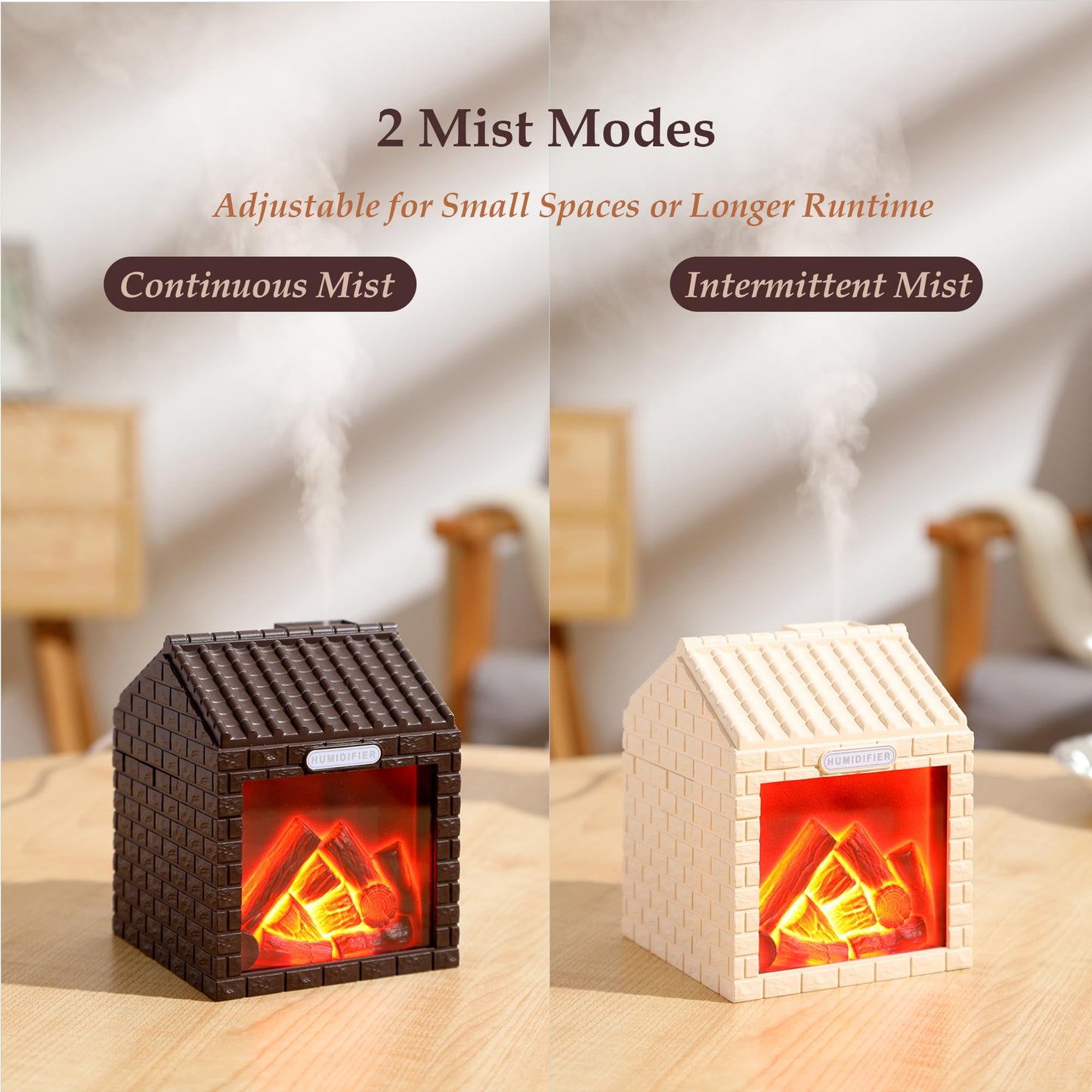 Mini Fireplace Cool Mist Humidifier with Flame Light, USB Powered, Auto Shut-Off, Portable for Bedroom Office Travel, 200ml, Coffee Brown