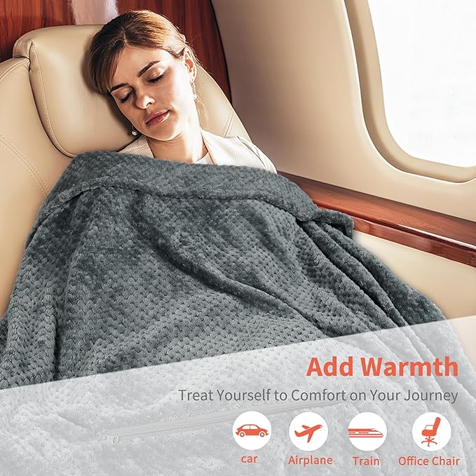 Tirrinia Travel Blanket Airplane Compact with Bag, Soft& Lightweight Wearable Blanket with Foot Pockets for Women Men Adults, Warm Snuggle Blanket, Airplane Travel Essentials, Travel Gifts for Her,
