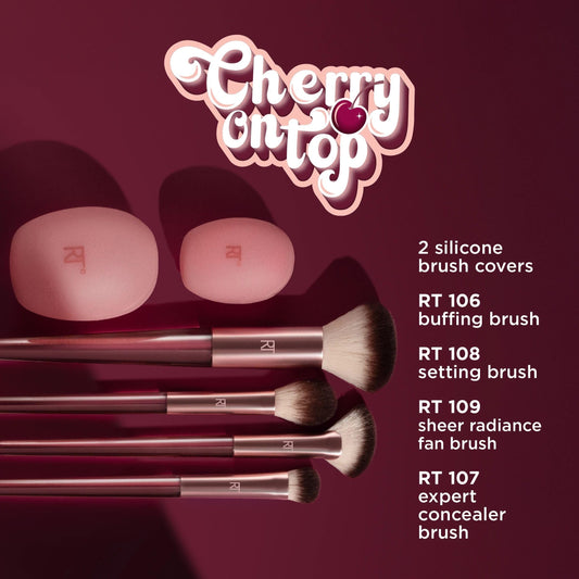 Real Techniques Cherry On Top A Brighter Hue Base Set, Face Makeup Brushes & Travel Covers, For Foundation, Concealer, Powder, & Blush, Synthetic Bristles, Vegan & Cruelty-Free, 6 Piece Set