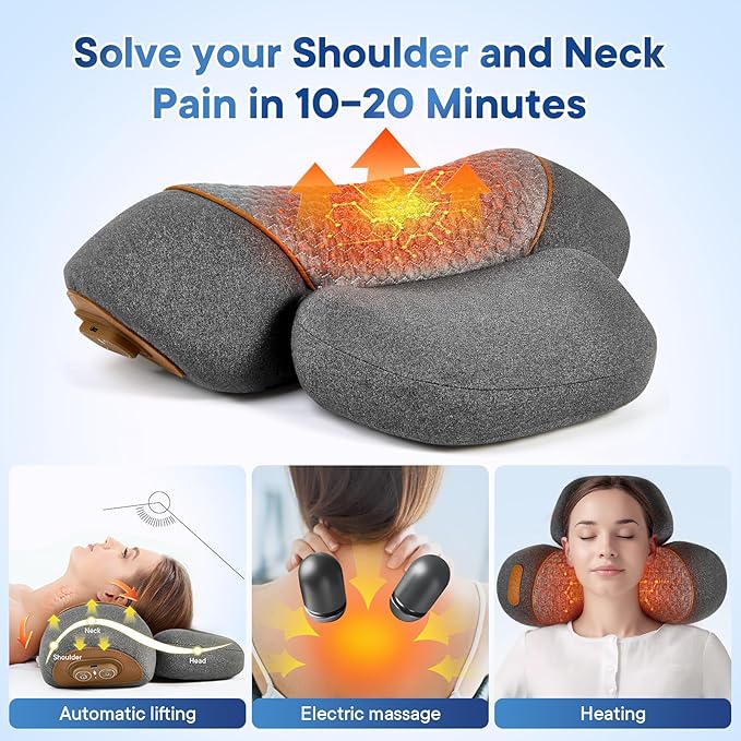 Neck Massager Pillow, Fisiorest 3-in-1 Neck Massager, Travel Neck Massage Pillow for Shoulder Pain Relief, Deep Tissue Pain with Heat and Traction, Neck Hump Corrector for Women,Memory Foam