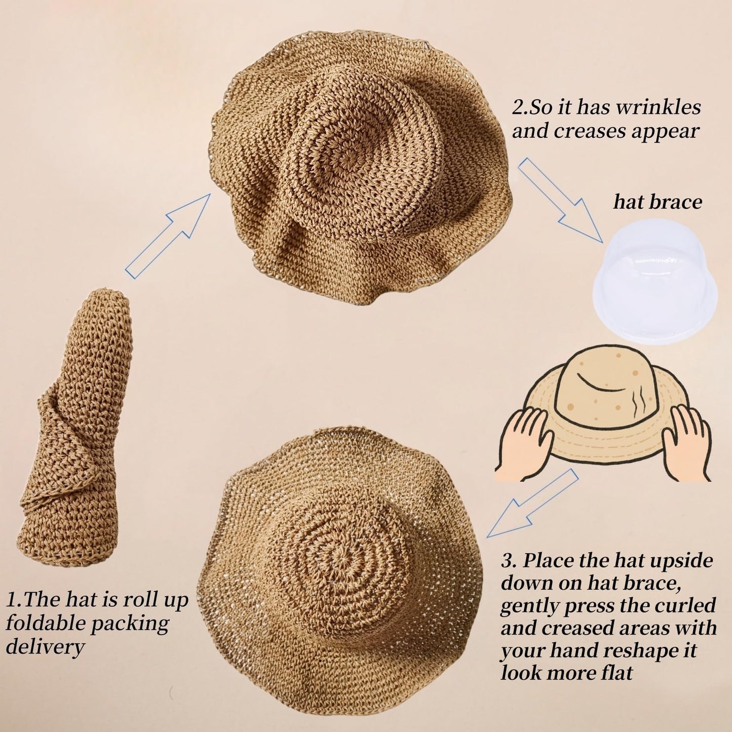 Womens Sun Hats Wide Brim Summer Beach Hat for Women Foldable Travel Fedora Handmade Crochet Straw Hat Packable UPF50+, Khaki
