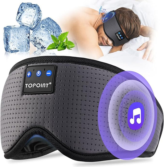 TOPOINT Sleep Mask with Bluetooth Headphones, Breathable Silk Eye Mask for Sleeping Men Women, Bluetooth Sleep Mask Blackout with Speakers, Microphone Handsfree, USB C for Travel Meditation Gifts