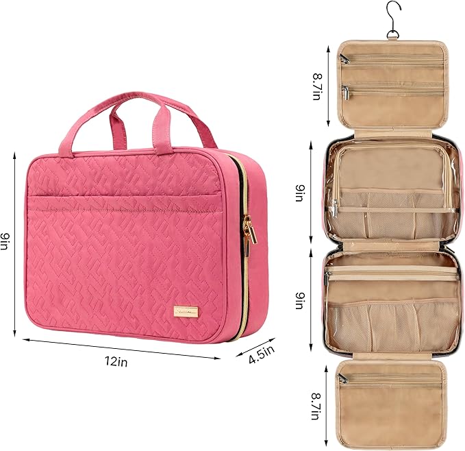 Carrywell |Not Made In China| Hanging Toiletry Travel Bag For Women, Makeup Organizer Case, Water-Resistant Cosmetic Bag For Full-size Containers, Toiletries (Rosewood Pink, Medium)