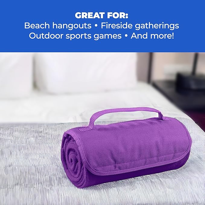 25 Ct of Roll-Up Blankets for Camping, Travel, Outdoors, Beach, Picnics – Purple – Hook + Loop Closure for Easy Use in Cars & on Airplanes – Customizable for Promotions & Events
