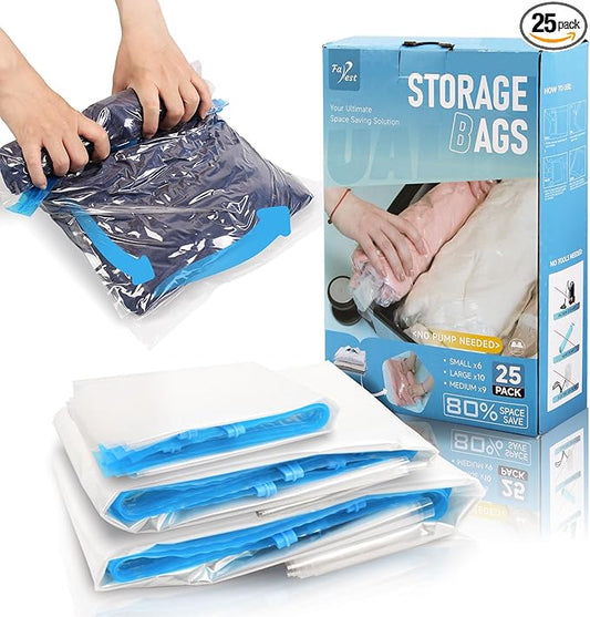 Compression Bags for Travel - Travel Essentials - 25 Pack Space Saver Bags - No Vacuum Needed - Compression Packing Bags for Cruise Accessories