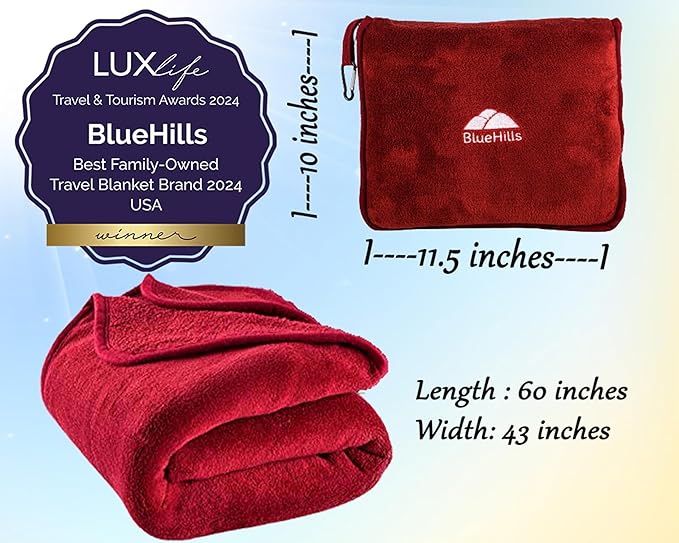 BlueHills Premium Soft Travel Blanket Pillow Airplane Blanket Packed in Soft Bag Pillowcase with Hand Luggage Belt and Backpack Clip Compact Large Long Flights Traveler Essentials Lightweight Red T001